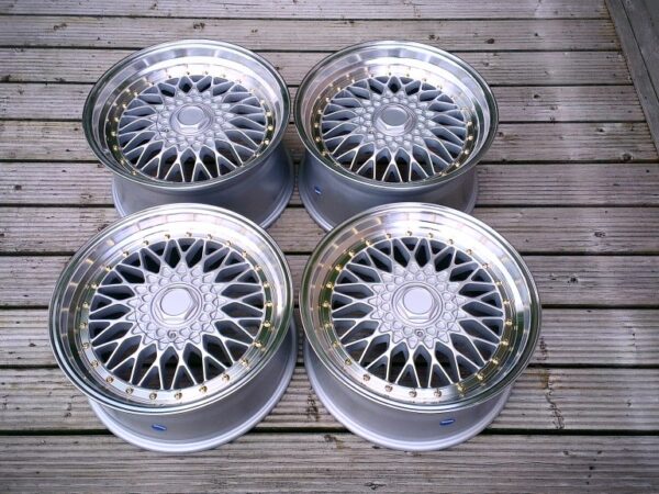 15" Staggered BBS RS Style Wheels - Silver / Machine Lip / Gold Rivets - VW / Audi / MINI - 4x100